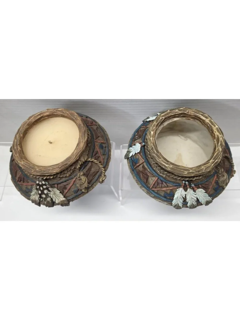 Southwestern Resin Feather Pot Candle Holders Bowl Decor Lot of 2
